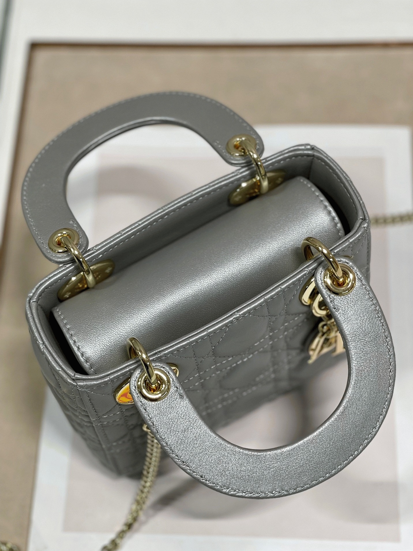 D10r Lady D10r Mini Chain Bag Replica in Grey Pearlescent Lambskin