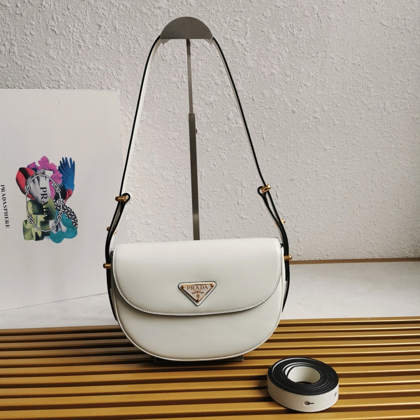 Pra*a Arque Shoulder Bag with Flap Knockoff in White