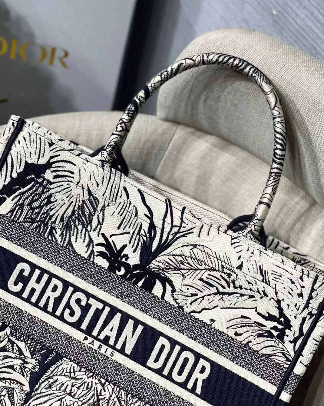 D10r Medium Book Tote Bag Fake in Blue Toile de Jouy Palms Embroidery