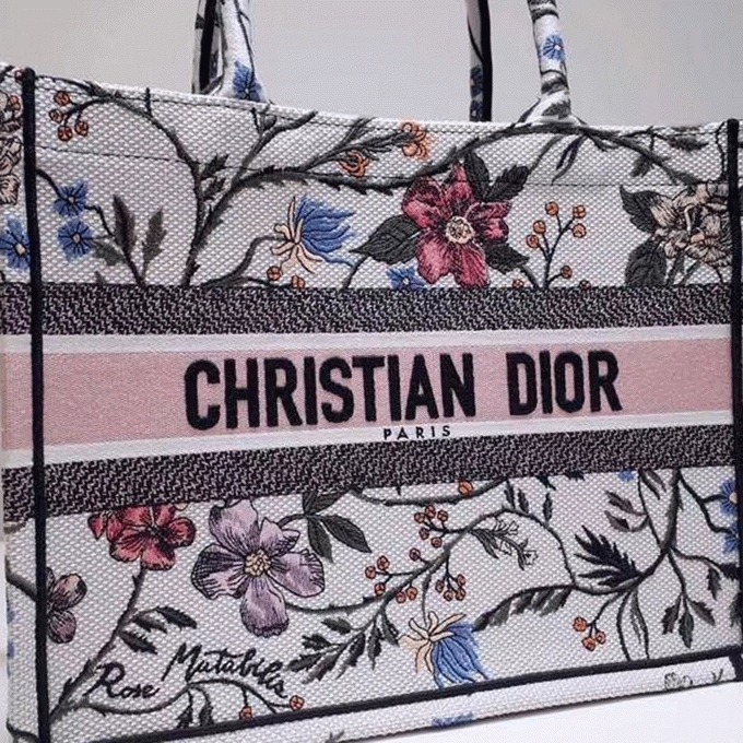 D10r Medium Book Tote Bag Fake in Multicolor Rosa Mutabilis Embroidery