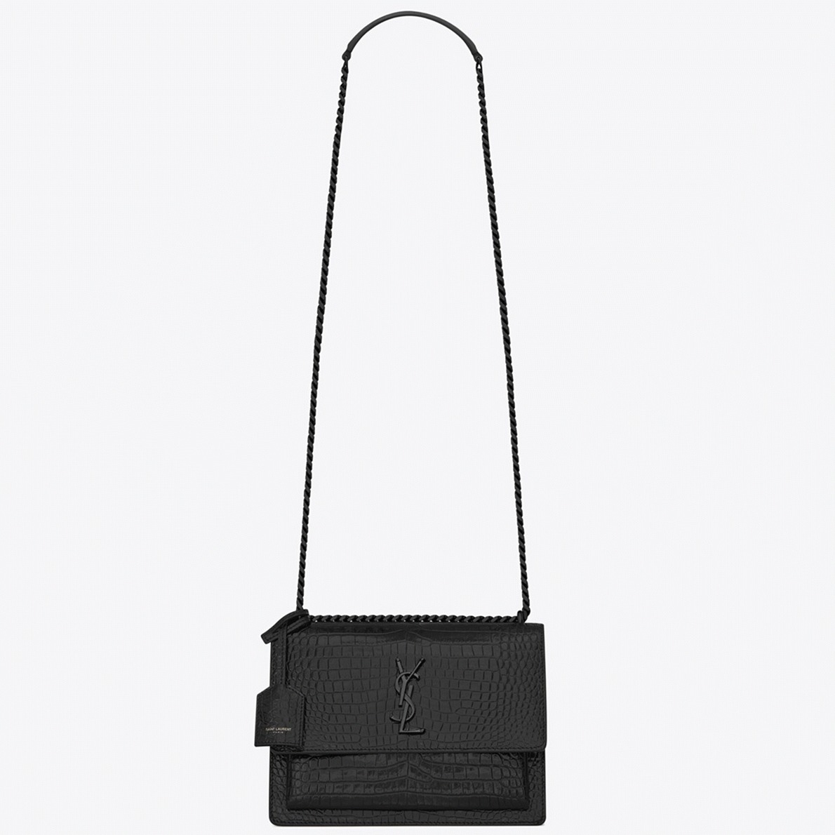 Fake Sa1nt Lau*nt Sunset Medium All Black Chain Bag Crocodile-embossed Leather