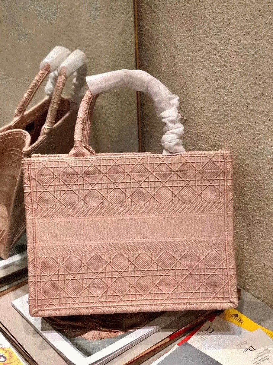D10r Medium Book Tote Bag Knockoff in Pink Cannage Embroidered Canvas