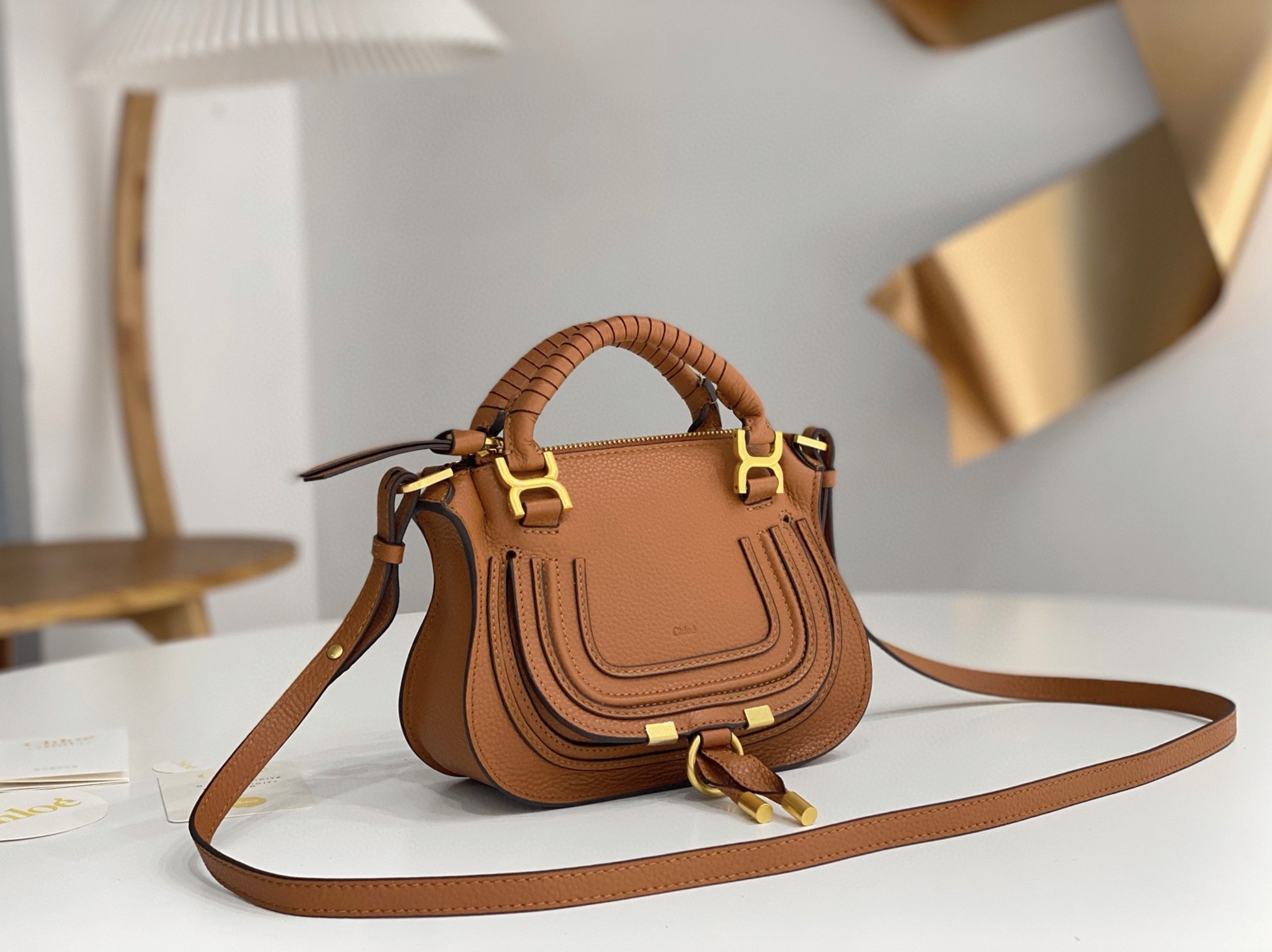 top quality replica Ch10e marcie mini double carry bag in brown grained leather