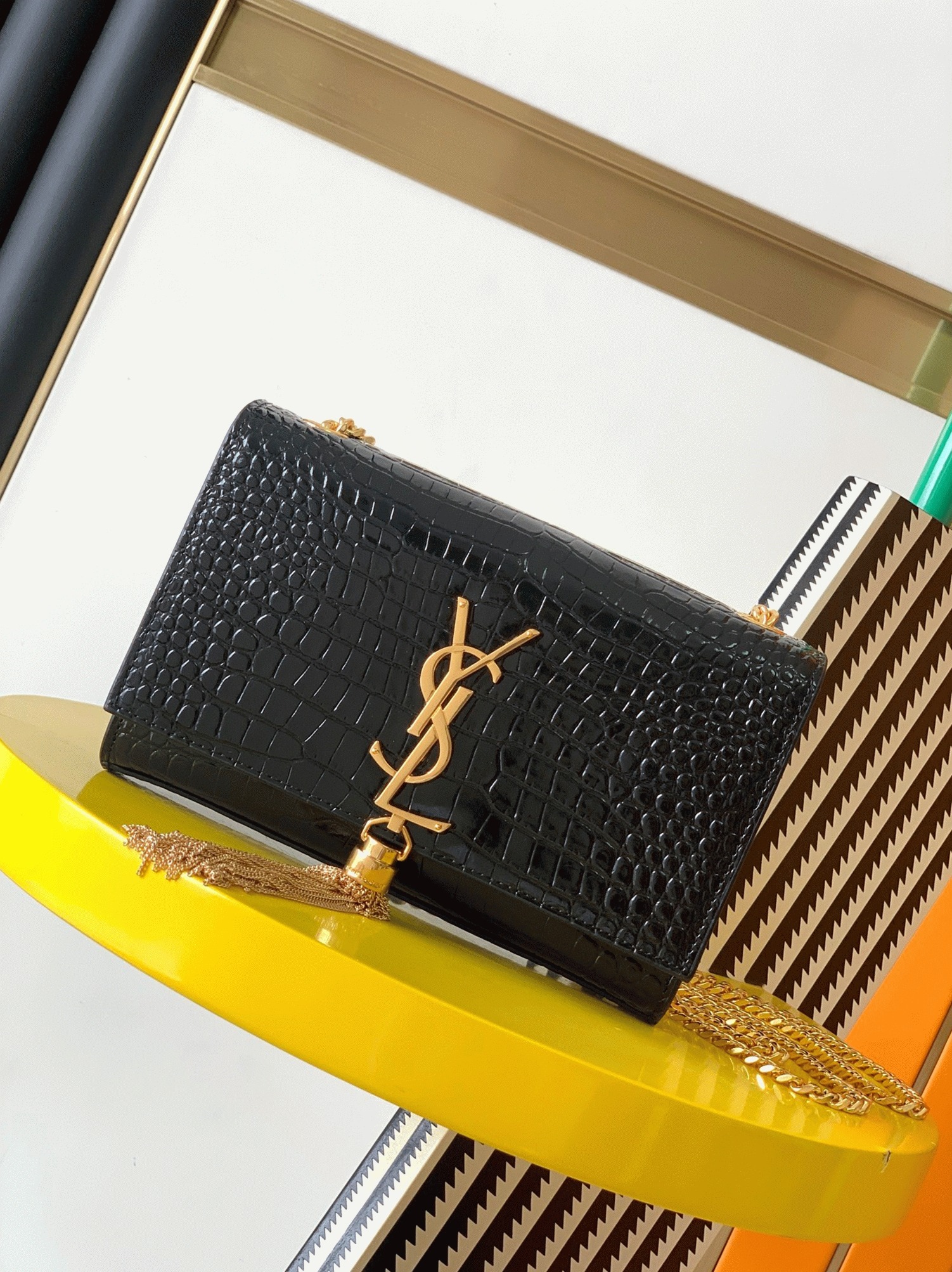 Replica Sa1nt Lau*nt Kate Small Tassel Bag Black Crocodile-embossed Leather