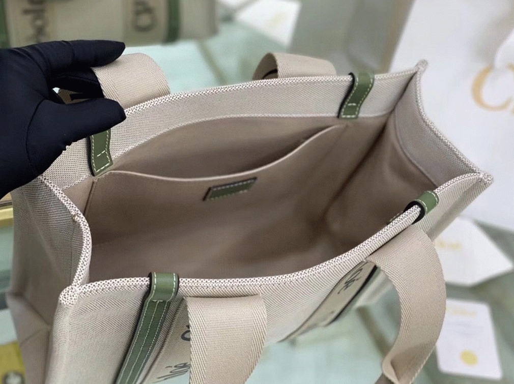 top quality fake Ch10e medium woody tote bag in canvas with green leather strips