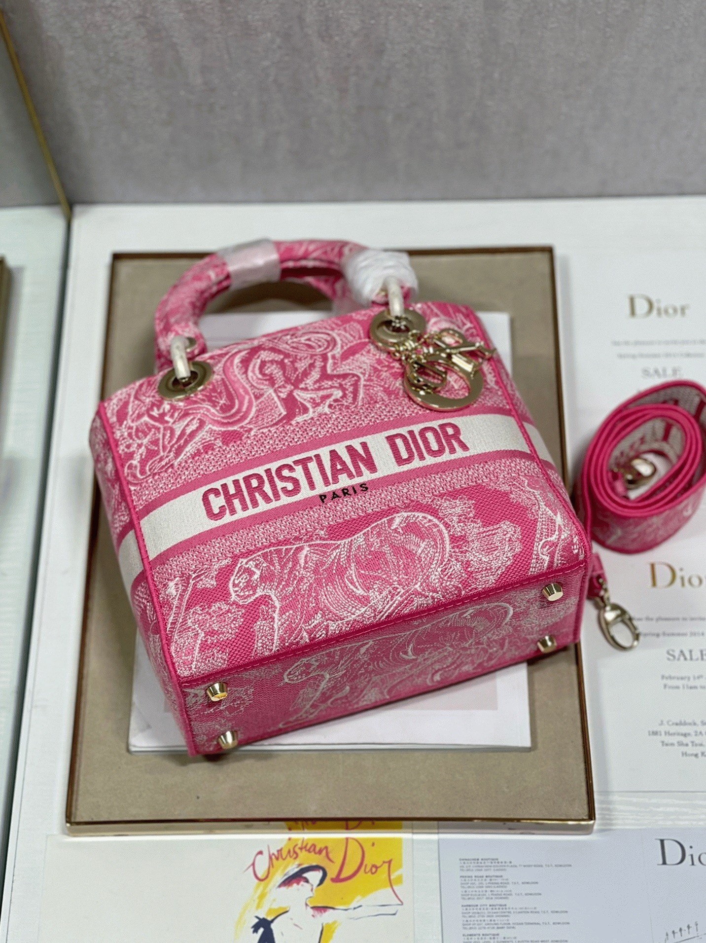 D10r Lady D-Lite Medium Bag Replica in Fluorescent Pink Toile de Jouy Reverse Embroidery