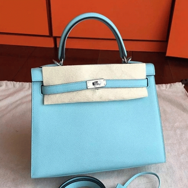 Blue Atoll Epsom Fake H**me5 Kelly 25cm Sellier Elegant Handbag