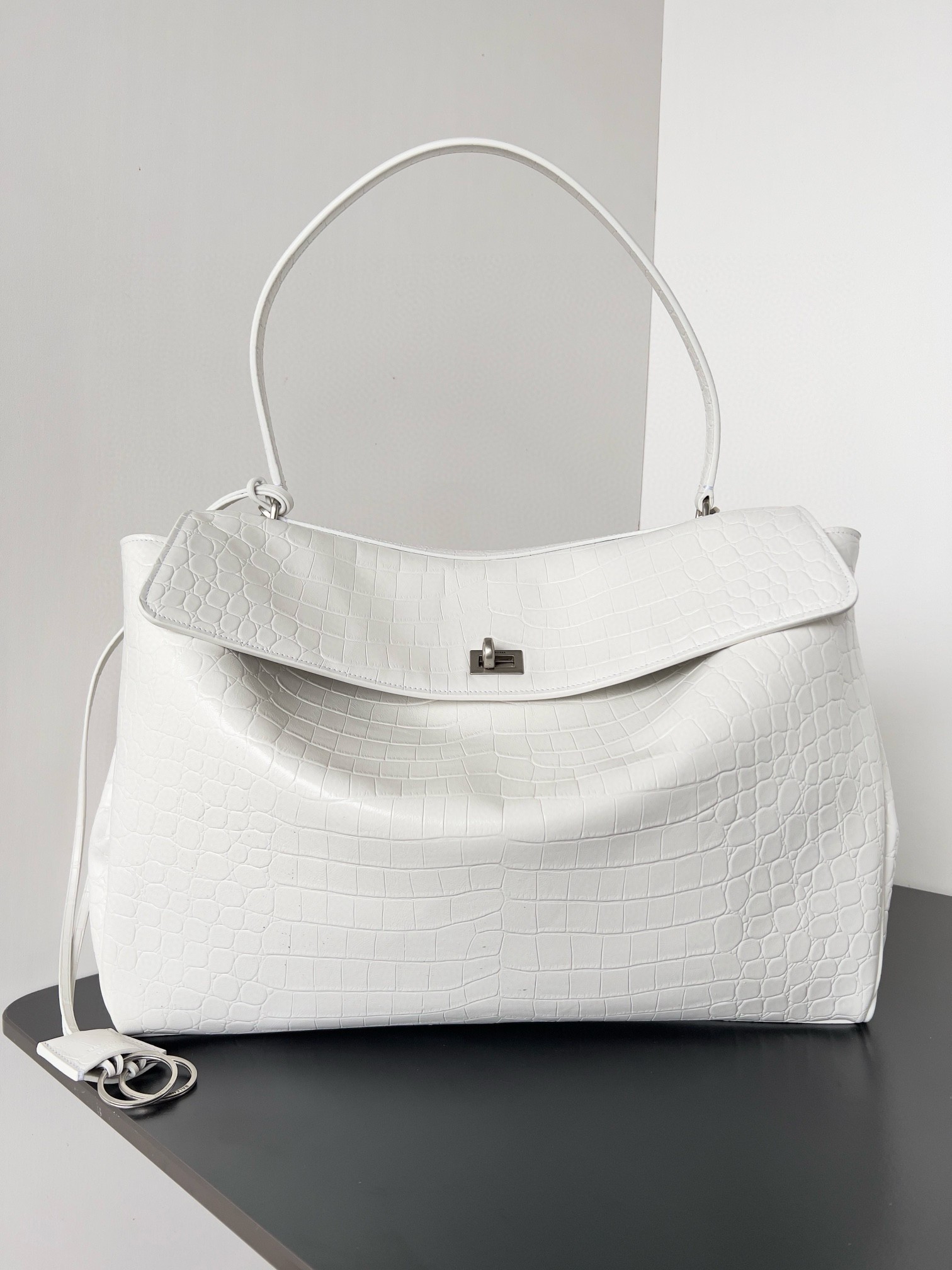 Knockoff Ba1en*iaga Rodeo Large Bag White Crocodile Embossed Calfskin