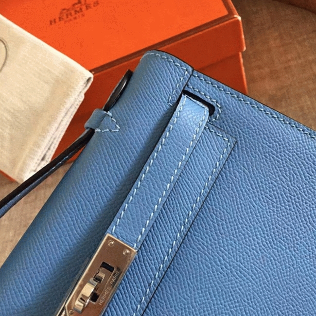 Celeste Epsom Knockoff H**me5 Kelly Pochette Light Blue Clutch