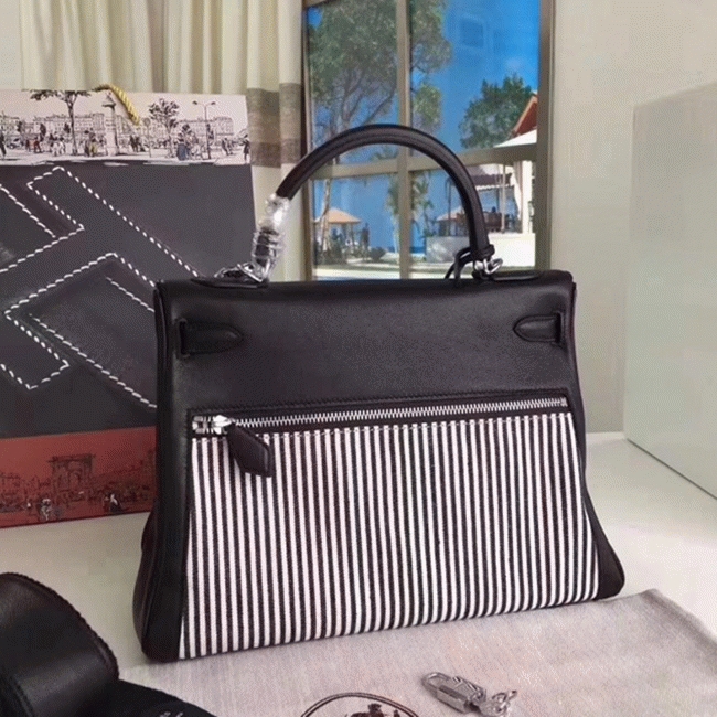 Black Toile   Swift Knockoff H**me5 Kelly Lakis 32cm Hybrid Bag