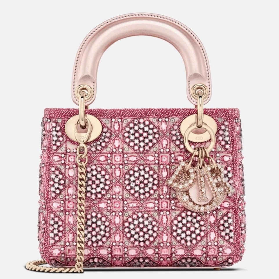 D10r Lady D10r Mini Chain Bag Fake in Satin with Pink Resin Pearl Embroidery