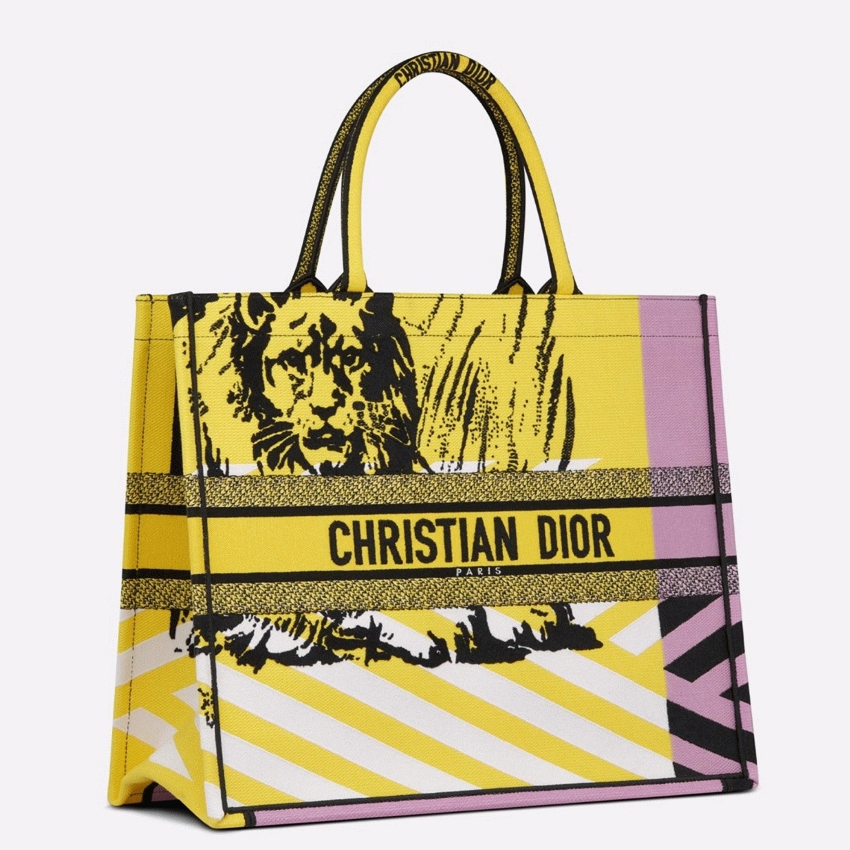 D10r Large Book Tote Bag Faux in Yellow D-Jungle Pop Embroidery