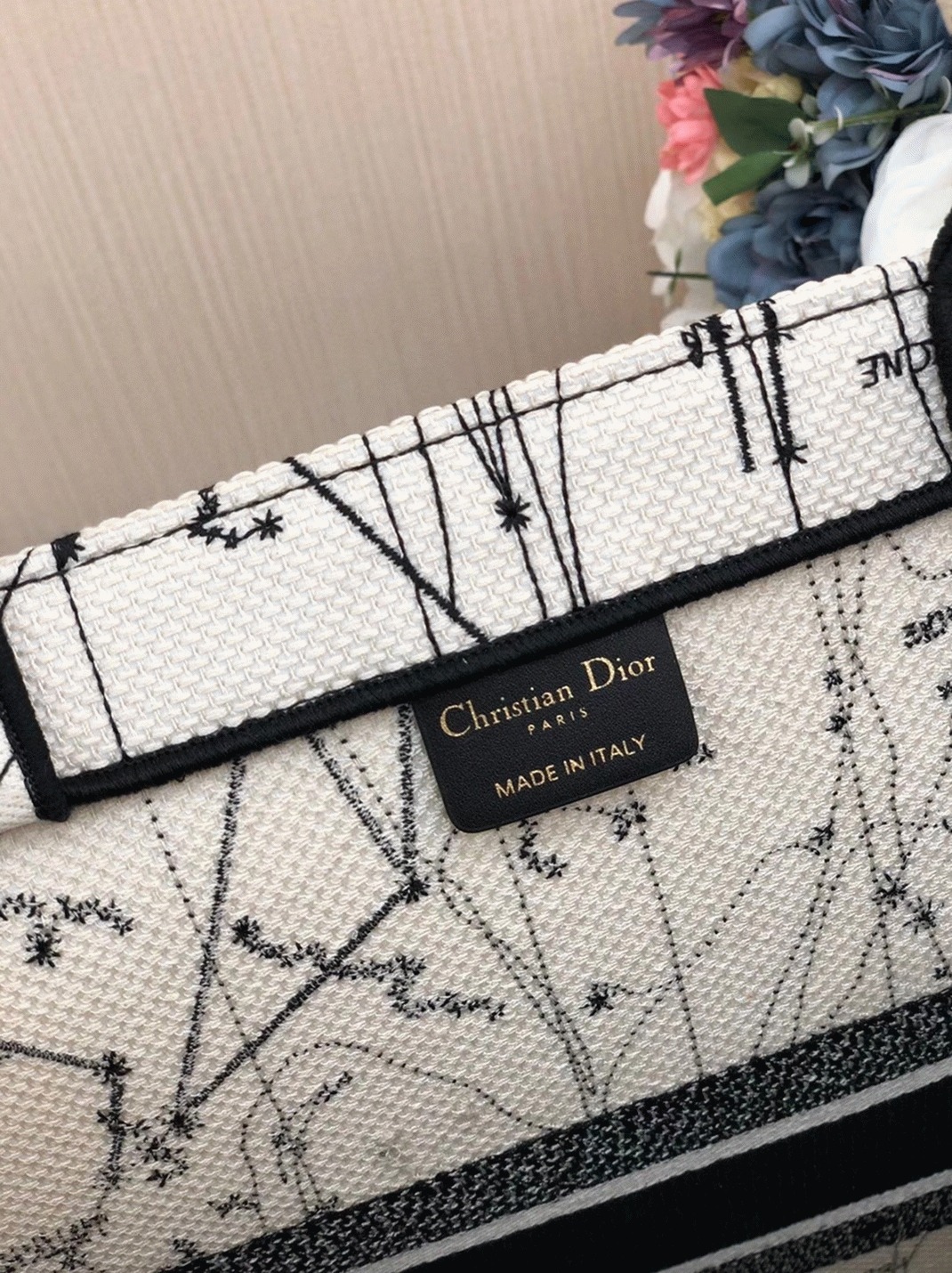 D10r Large Book Tote Bag Replica in Latte Zodiac Embroidery