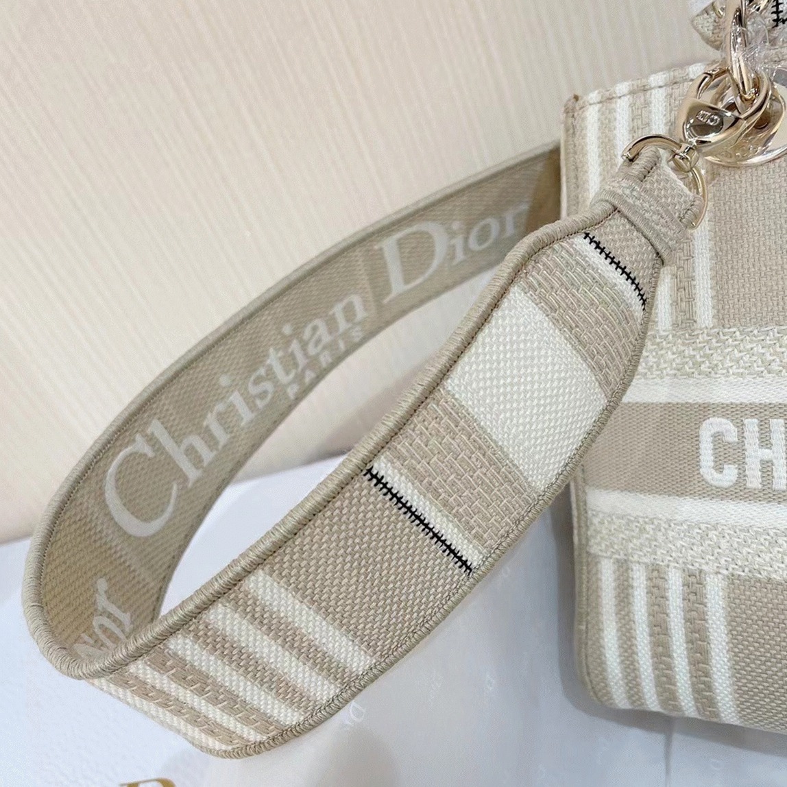 D10r Lady D-Lite Medium Bag Knockoff in Beige Stripes Embroidery