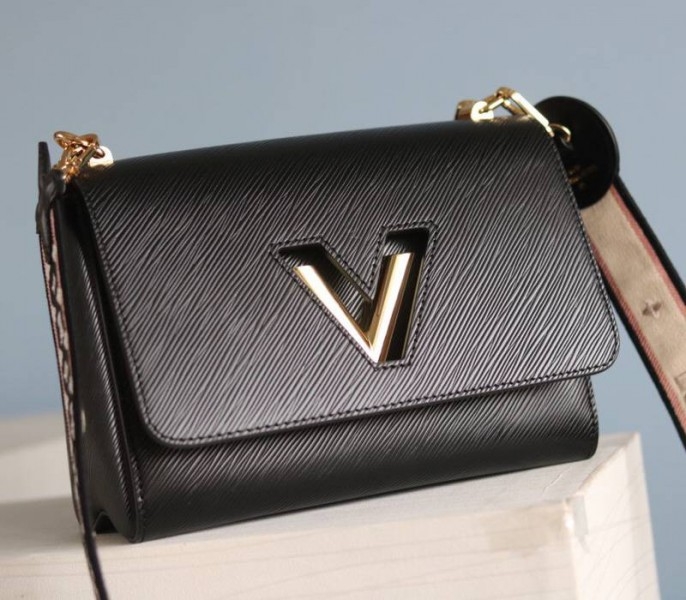 L0vis Vvtt0n Epi Leather Twist MM Handbag In Black With Embroidered Strap