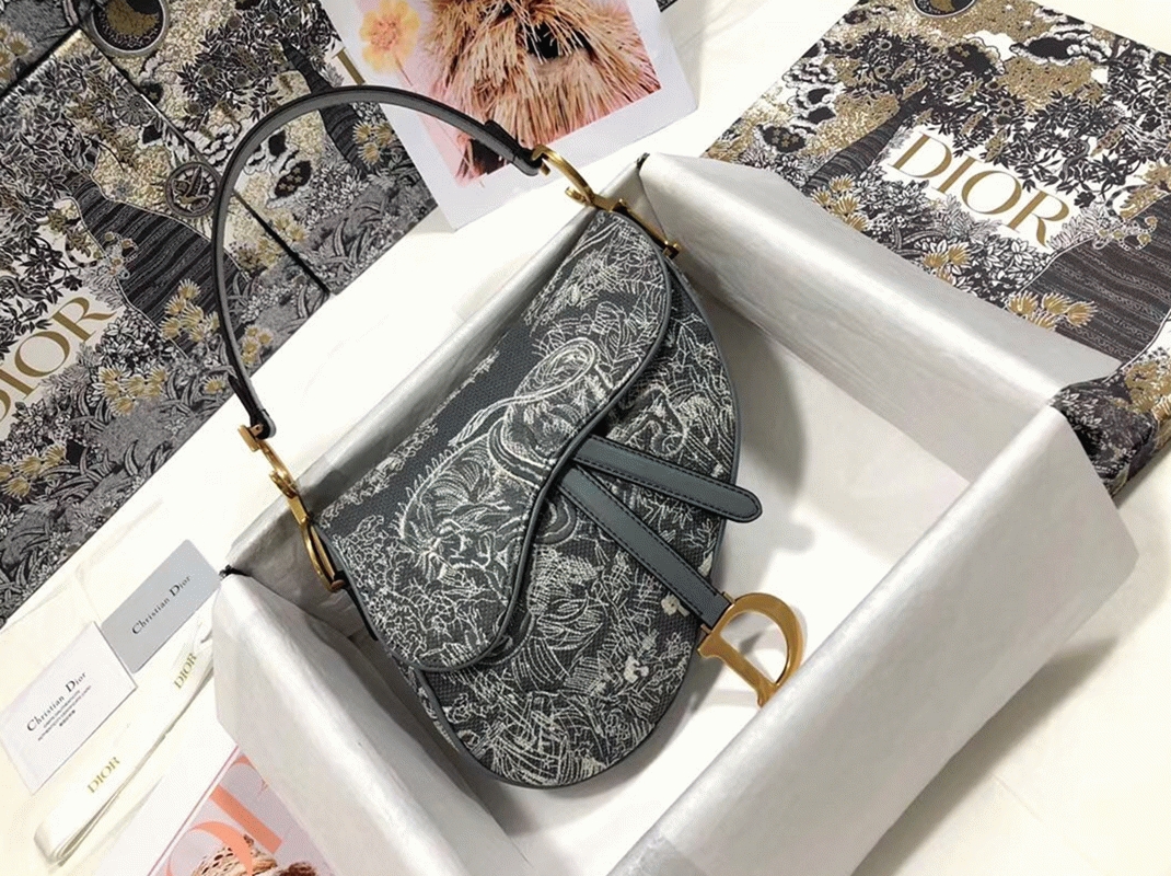 D10r Saddle Bag Faux in Grey Toile de Jouy Reverse Jacquard