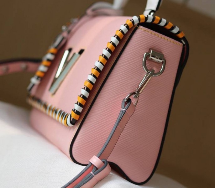 L0vis Vvtt0n Epi Leather Twist MM Bag In Rose Bellerin Pink With Braided Edges Flap