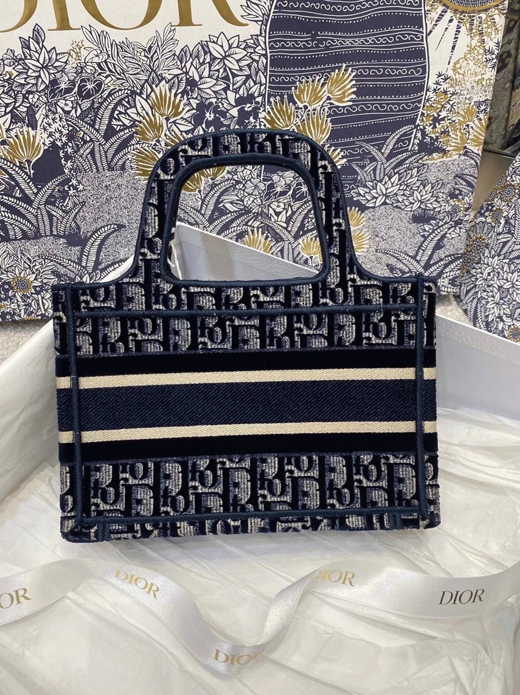 D10r Mini Book Tote Bag Imitation in Blue Velvet Oblique Embroidered