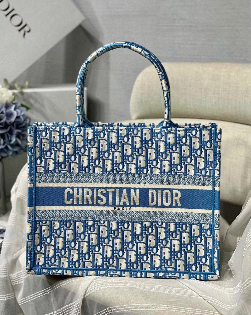 D10r Medium Book Tote Bag Knockoff in Blue Oblique Embroidery