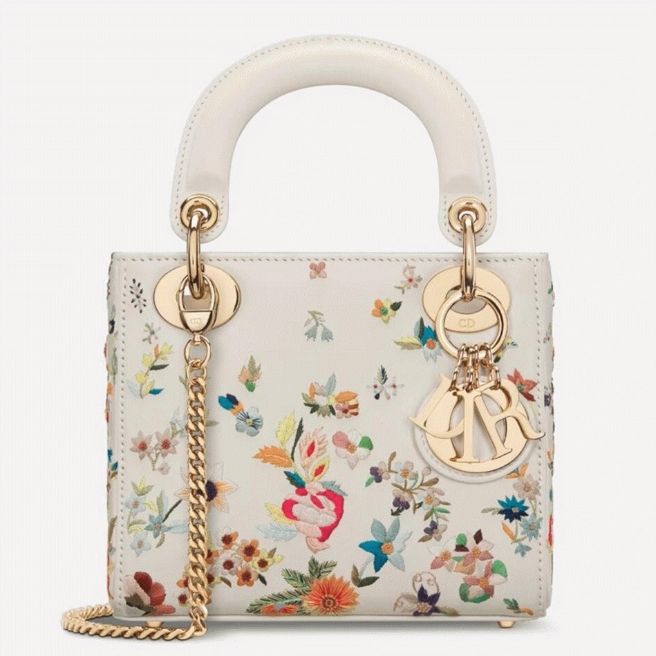 D10r Lady D10r Mini Bag Knockoff in White Calfskin with Multicolor Small Flowers