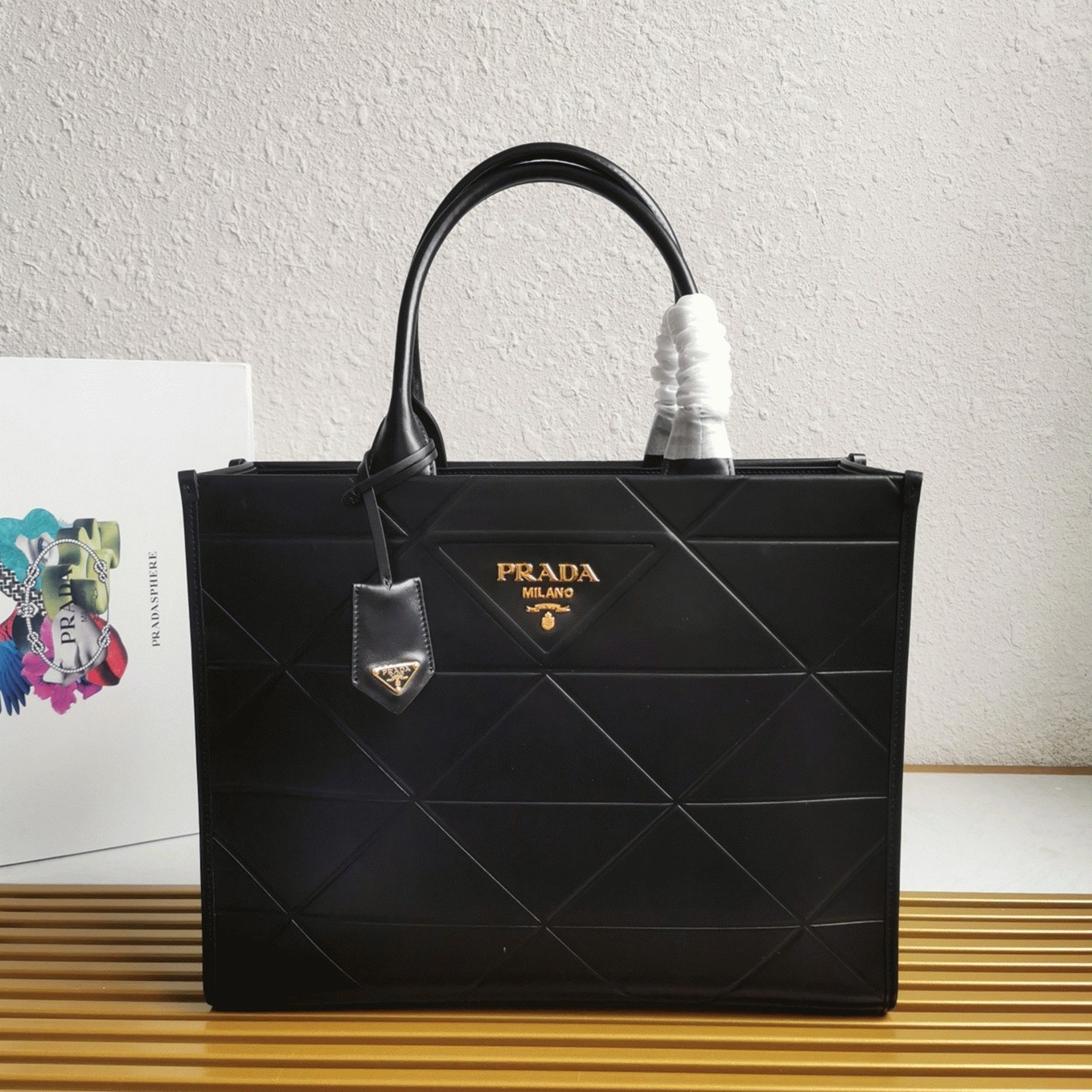 Pra*a Symbole Large Bag Replica with Topstitching in Black