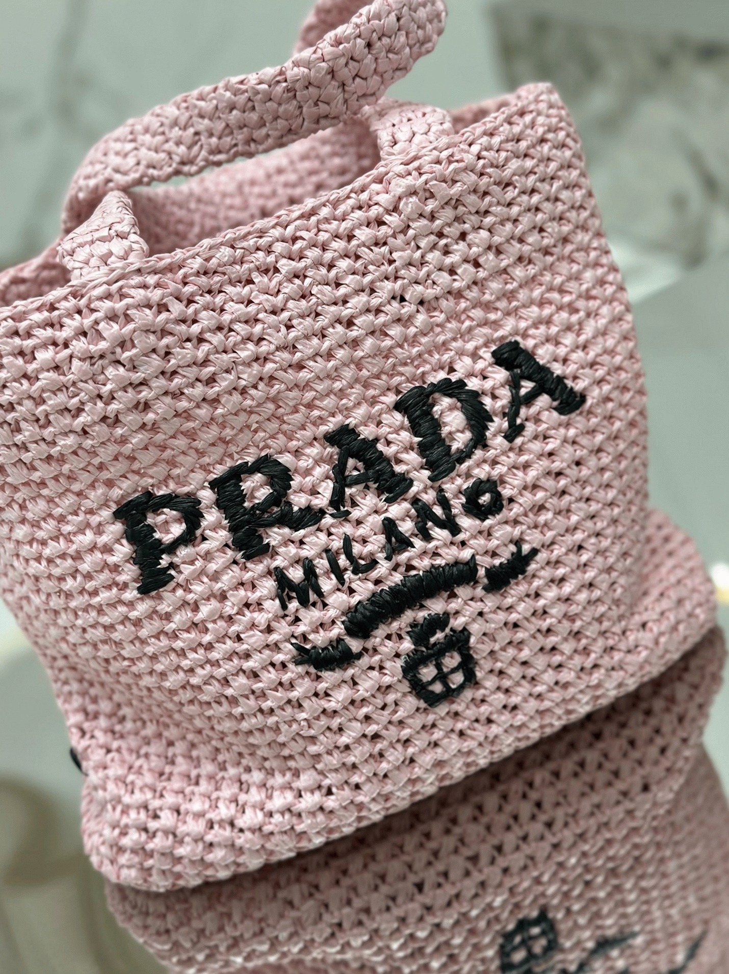 Pra*a Small Crochet Tote Bag Replica in Pink Raffia-effect Yarn