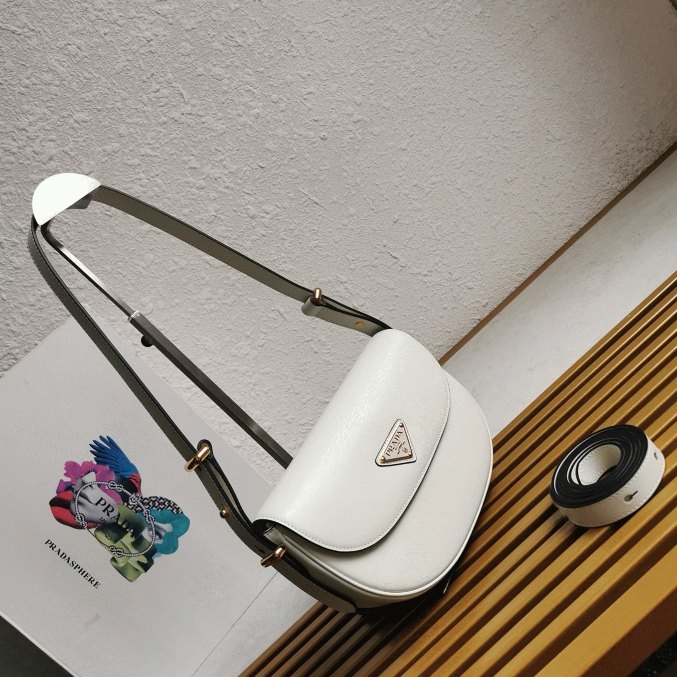 White Pra*a Arque Shoulder Bag with Flap Replica