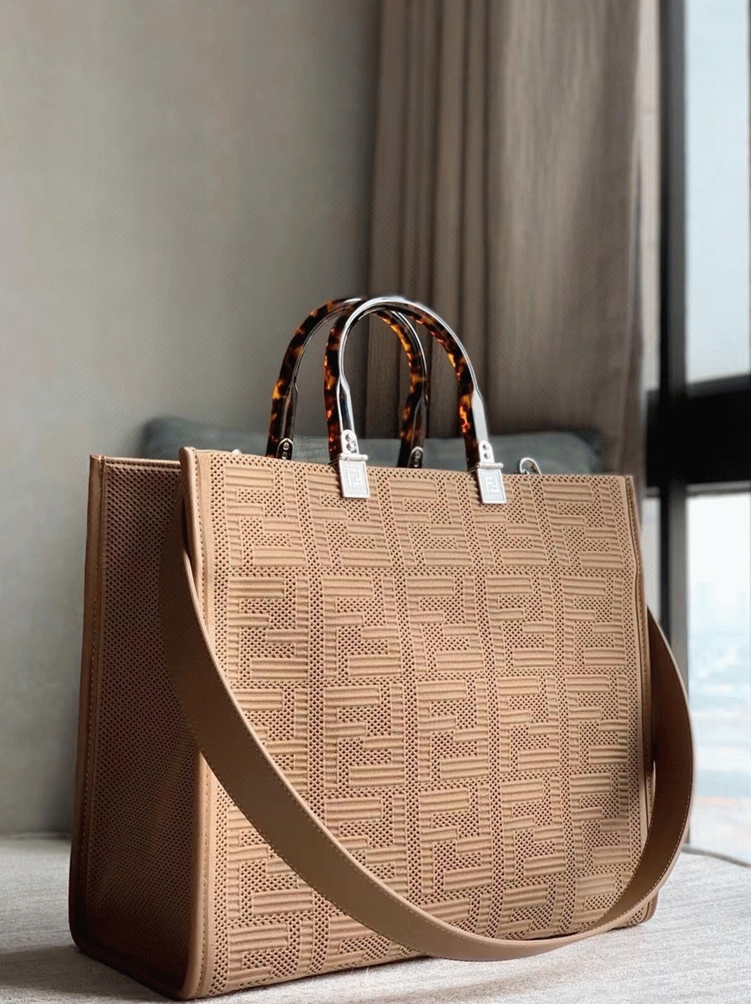Top Quality Knockoff F**di Sunshine Medium Tote Bag In Beige FF Fabric