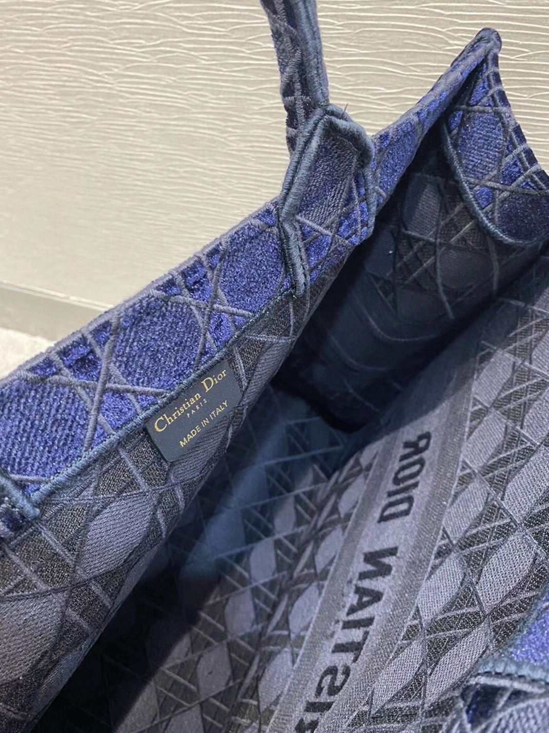 D10r Large Book Tote Bag Knockoff in Blue Cannage Embroidered Velvet