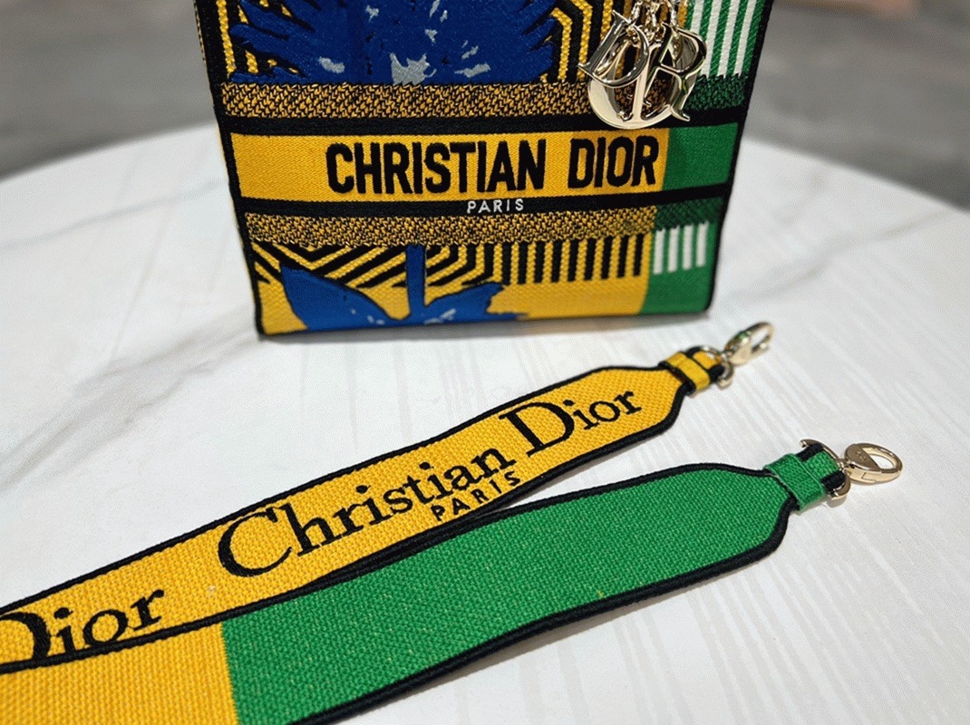 D10r Lady D-Lite Medium Bag Fake in Yellow   Green D-Flower Pop Embroidery