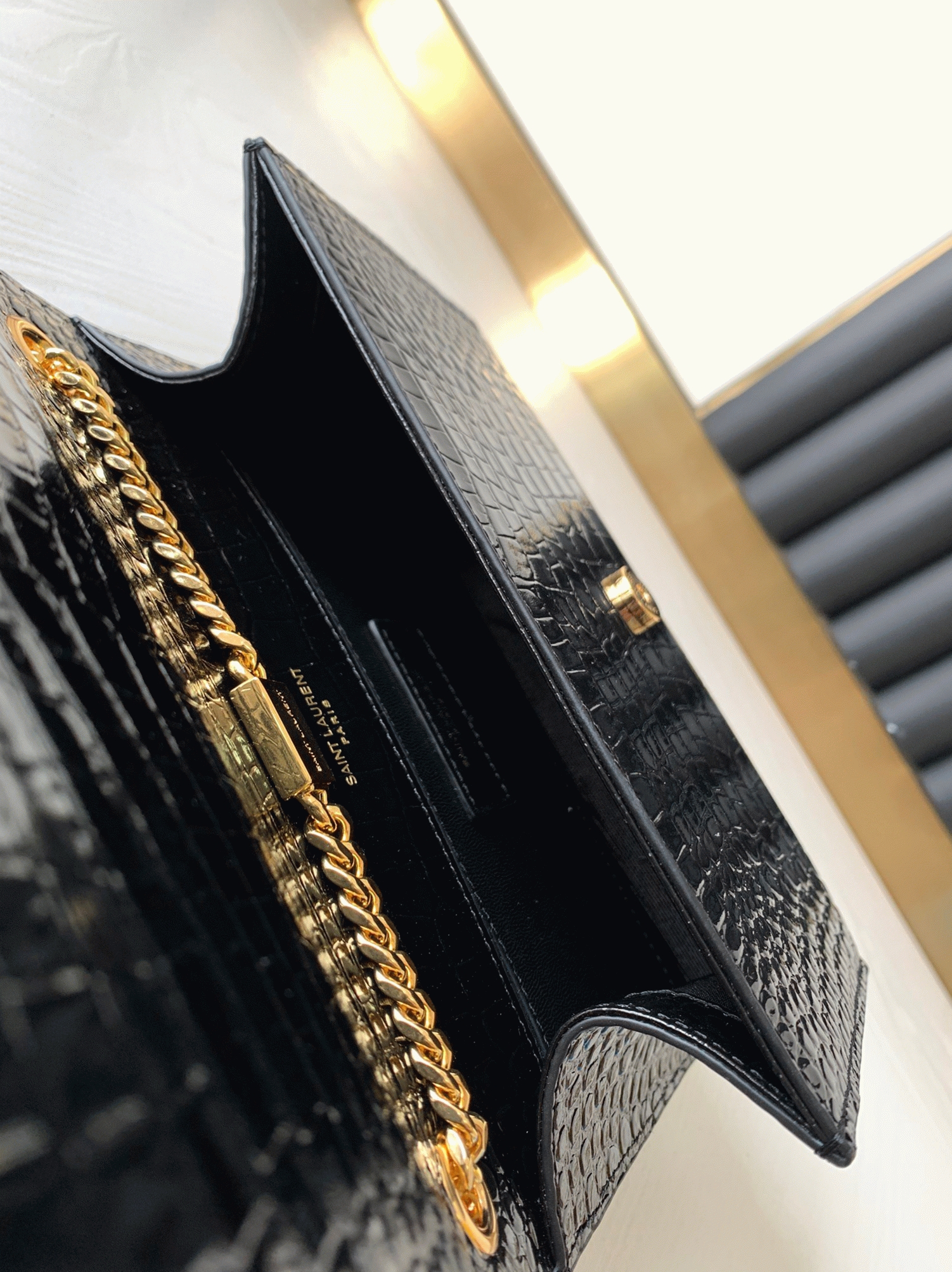 Replica Sa1nt Lau*nt Kate Small Tassel Bag Black Crocodile-embossed Leather