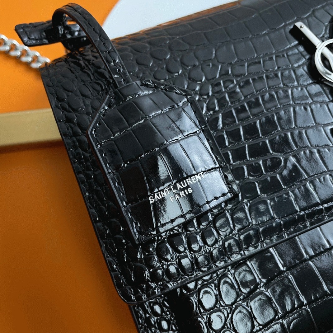 Fake Sa1nt Lau*nt Sunset Medium Chain Bag Noir Crocodile-embossed Leather
