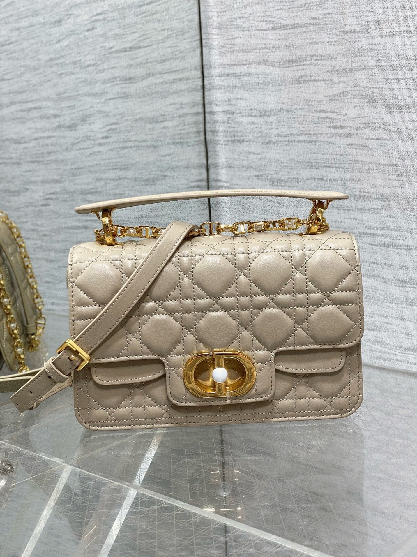 D10r Small Jolie Top Handle Bag Knockoff in Beige Cannage Calfskin