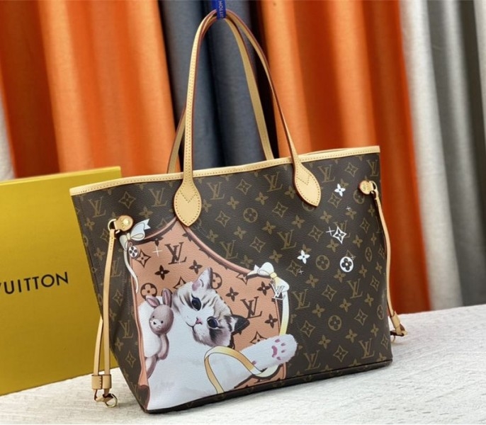 L0vis Vvtt0n Monogram Canvas Neverfull MM Tote With Cat Print