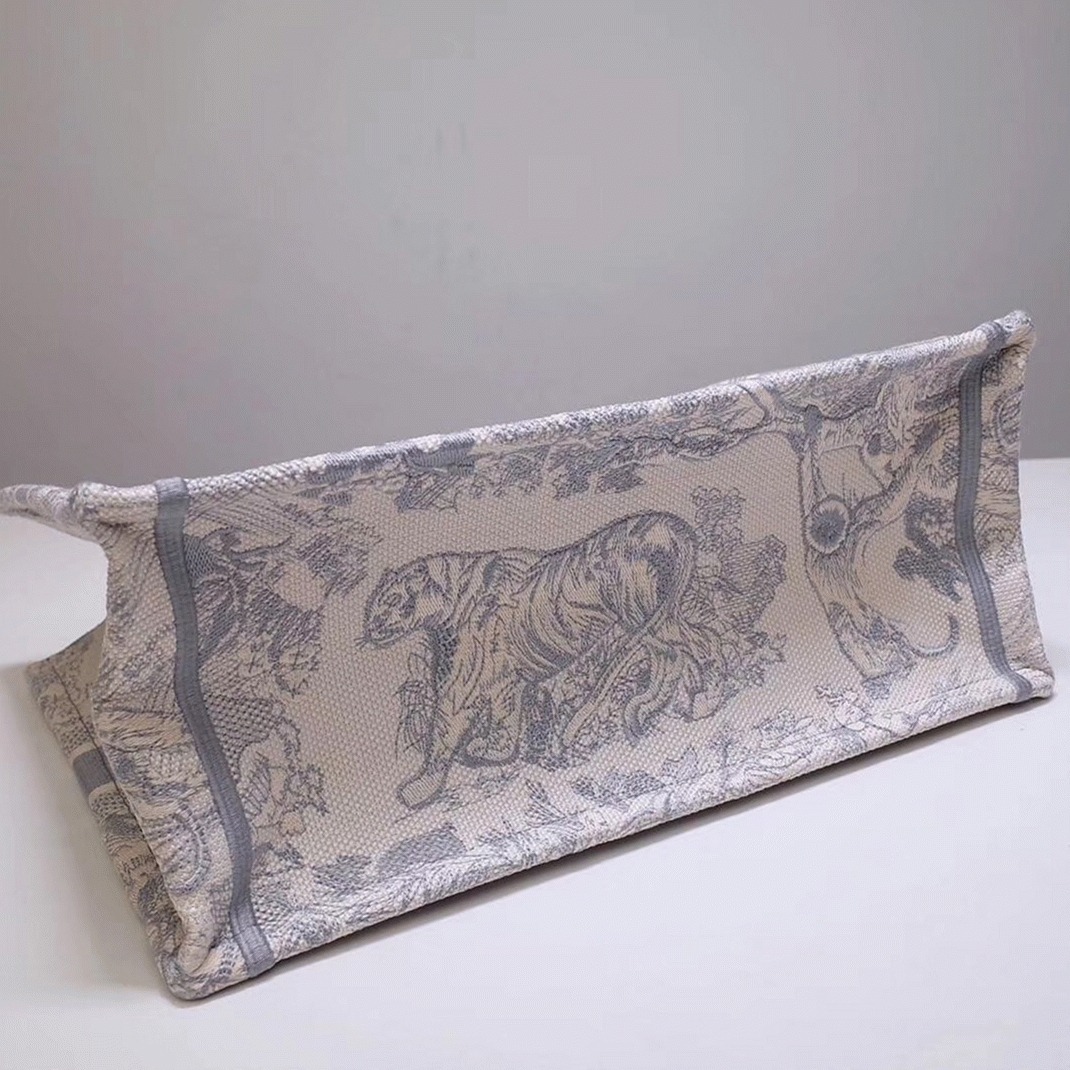D10r Medium Book Tote Bag Fake in Grey Toile De Jouy Embroidery