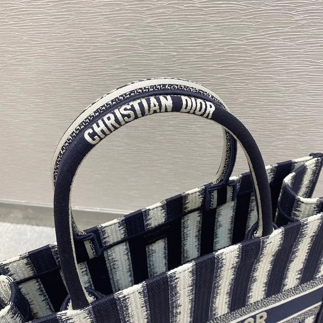 D10r Large Book Tote Bag Replica in Blue Stripes Embroidery