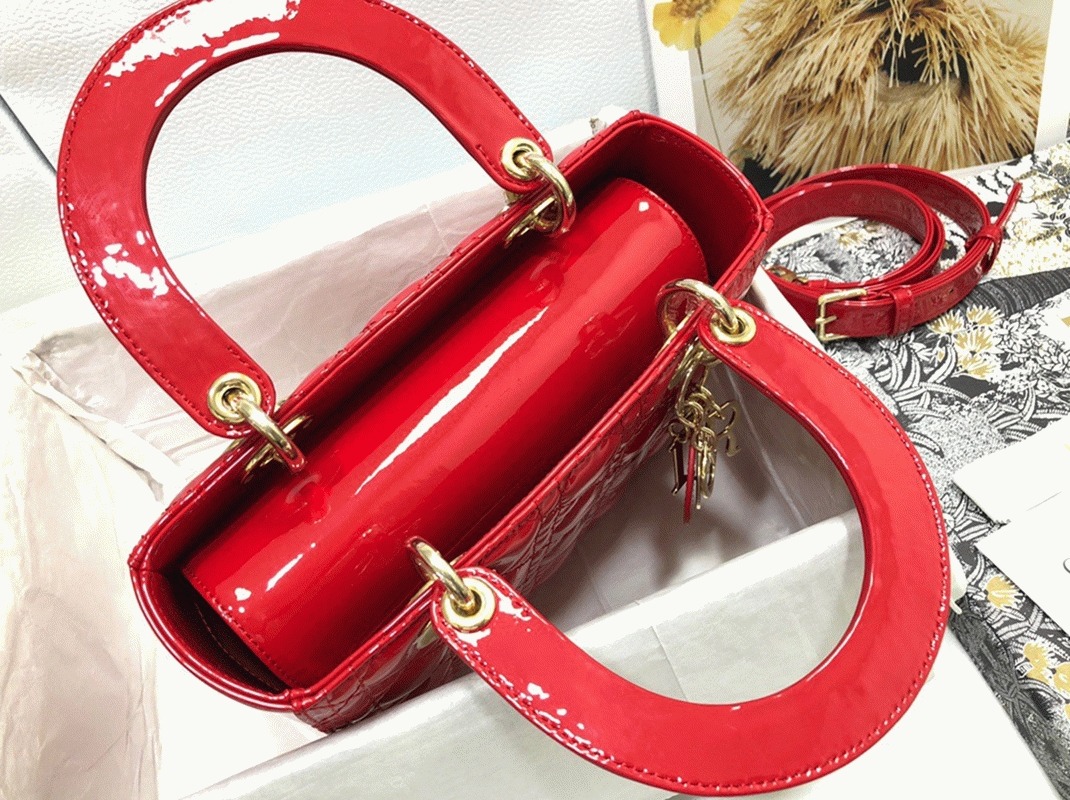 D10r Small Lady D10r Bag Replica in Red Patent Cannage Calfskin