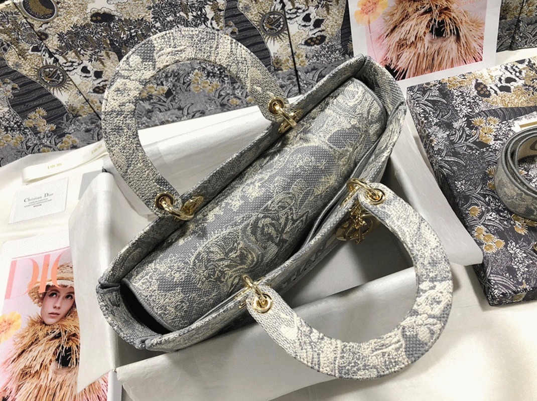 D10r Lady D-Lite Large Bag in Gray Toile de Jouy Reverse Embroidery