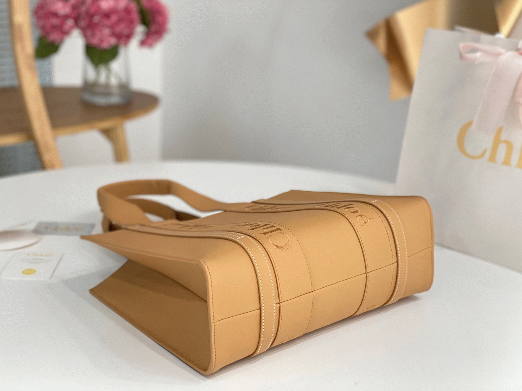 top quality knockoff Ch10e woody medium tote bag in beige calfskin