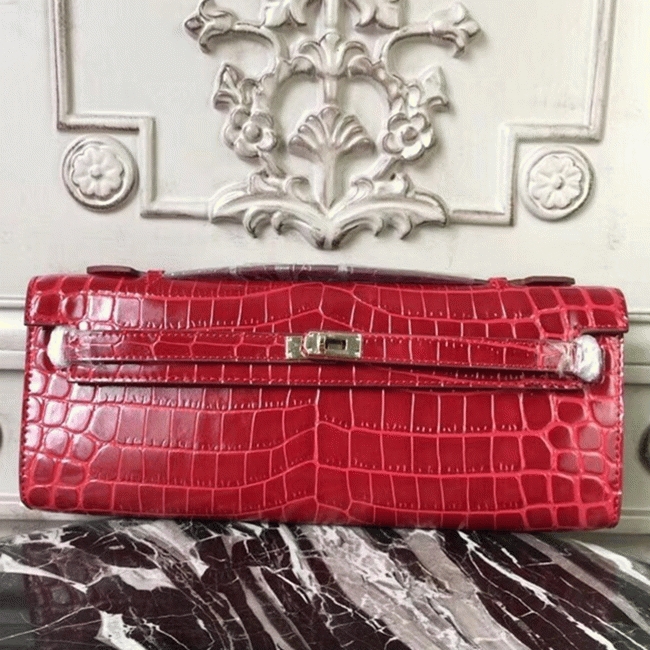 Red Crocodile Copy H**me5 Kelly Cut Clutch Exotic Luxury Bag