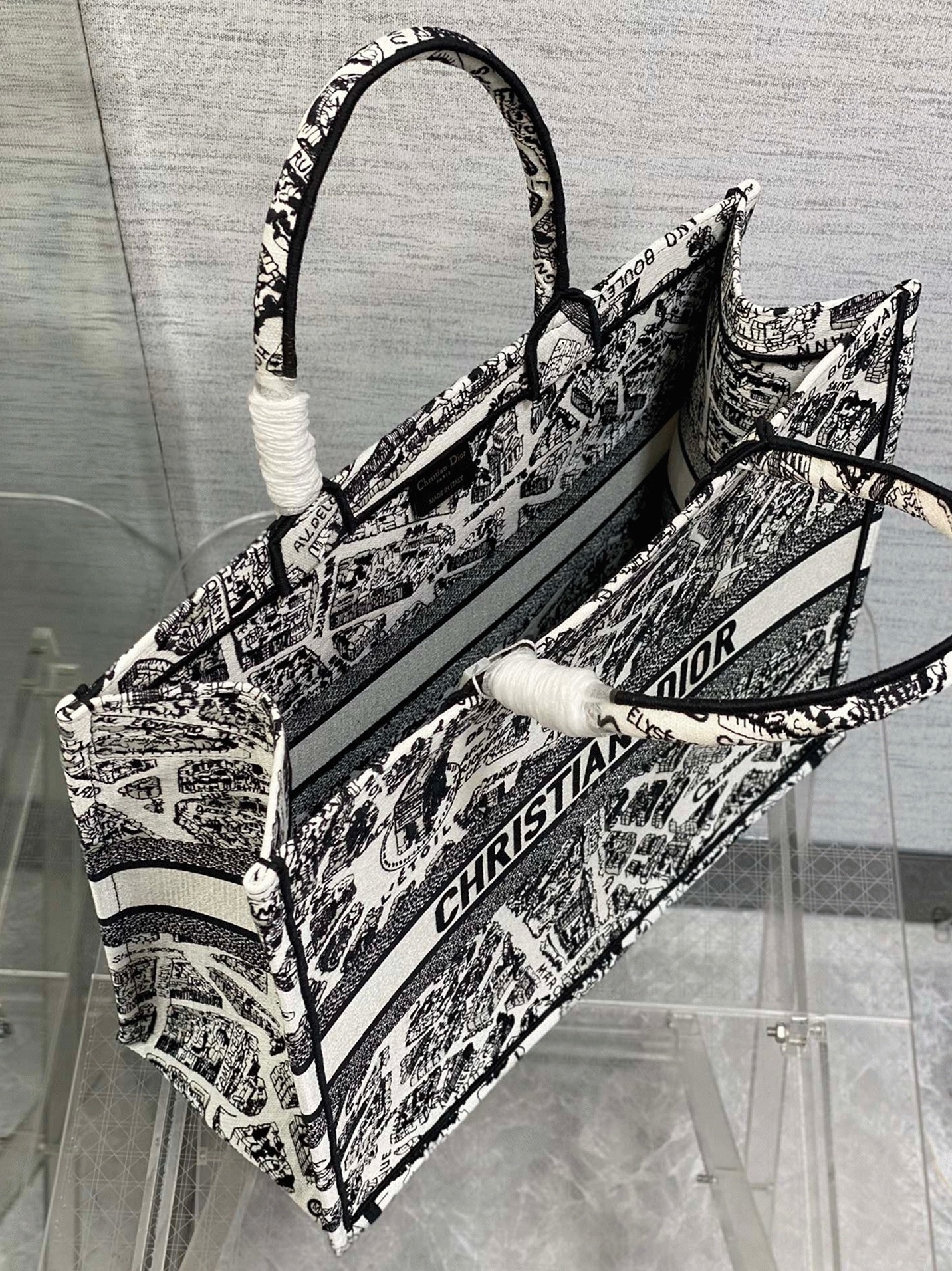 D10r Large Book Tote Bag Knockoff in White Plan de Paris Embroidery