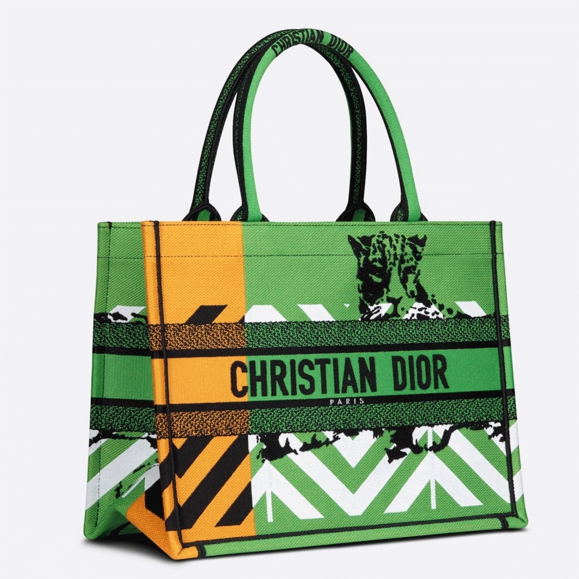 D10r Medium Book Tote Bag Faux in Green D-Jungle Pop Embroidery