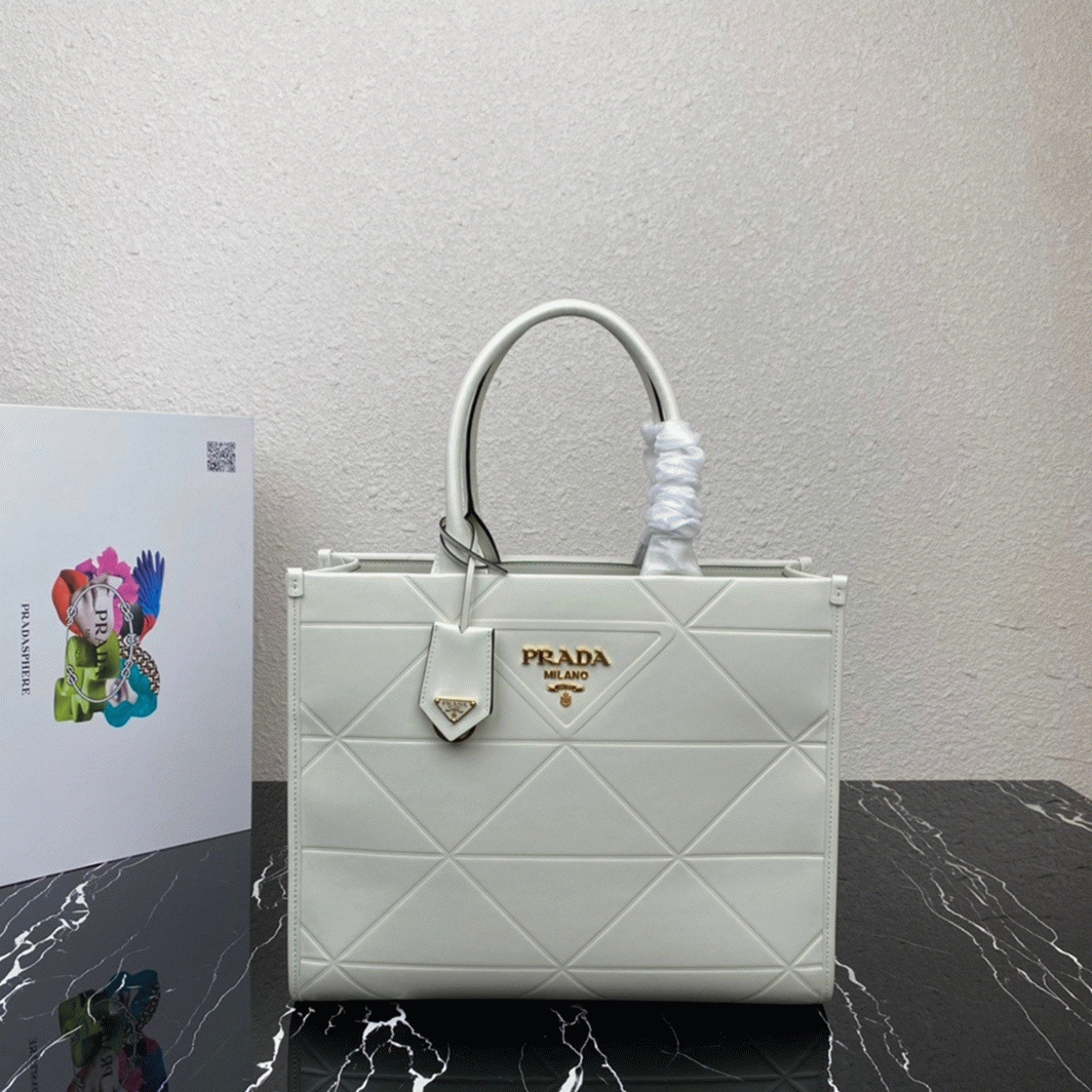 Pra*a Symbole Small Bag Replica with Topstitching in White