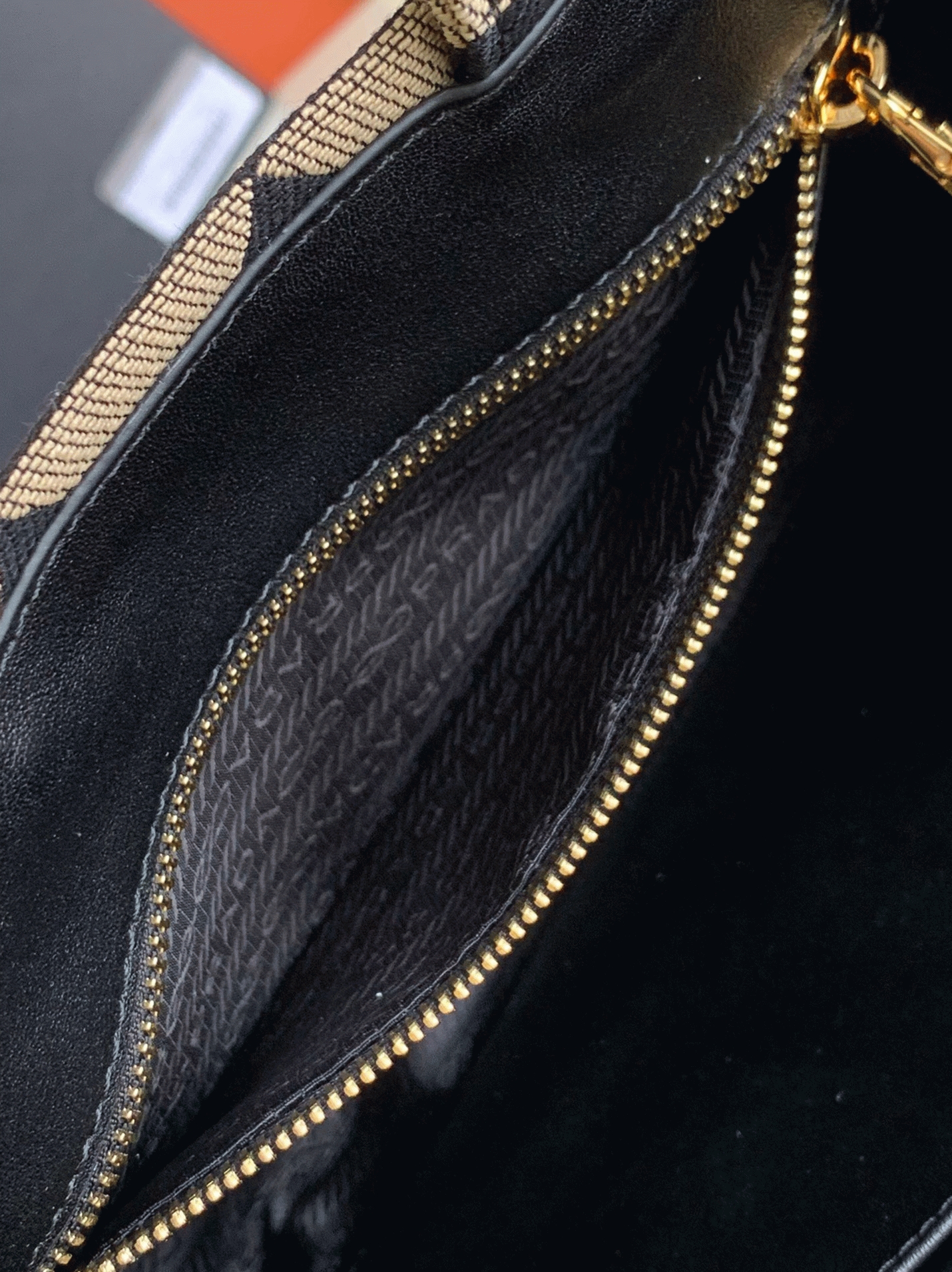 Pra*a Symbole Small Bag Replica in Black/Beige Jacquard Fabric