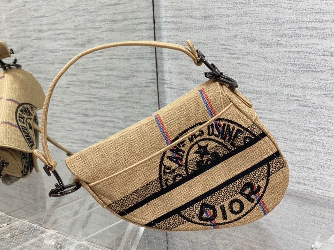 D10r Saddle Bag Knockoff in Beige Jute Canvas with D10r Union Motif