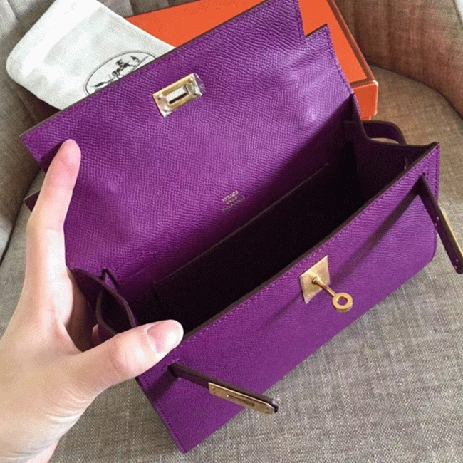 Cyclamen Epsom Knockoff H**me5 Kelly Pochette Light Purple Clutch