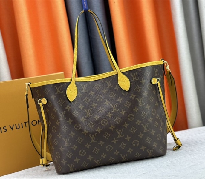 L0vis Vvtt0n Neverfull Bandouliere Inside Out MM Tote In Monogram Canvas And Yellow Textile And Leather