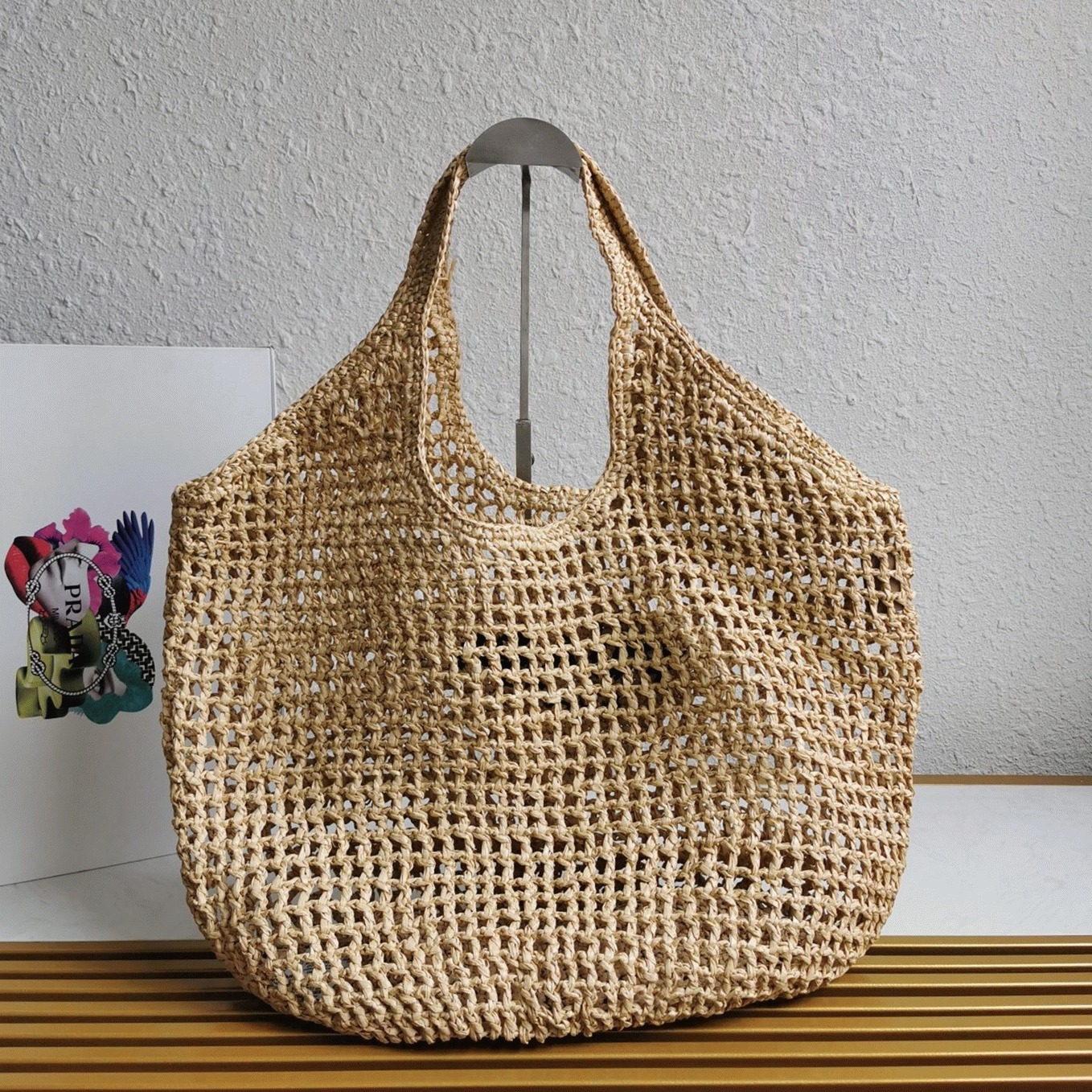 Pra*a Large Tote Bag Knockoff in Beige Woven Raffia