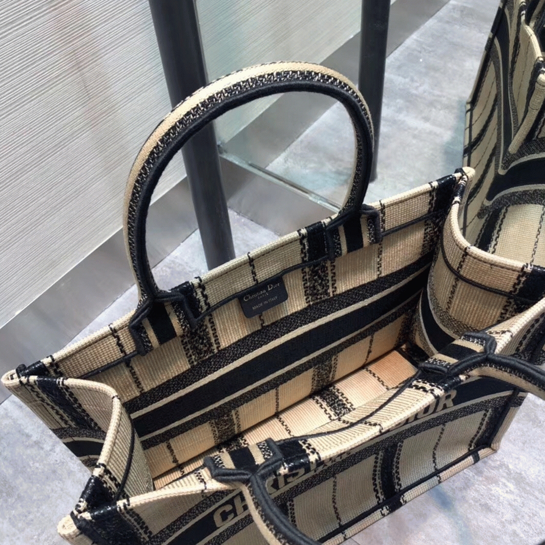 D10r Medium Book Tote Bag Fake in Black and Beige Bayadère Embroidered
