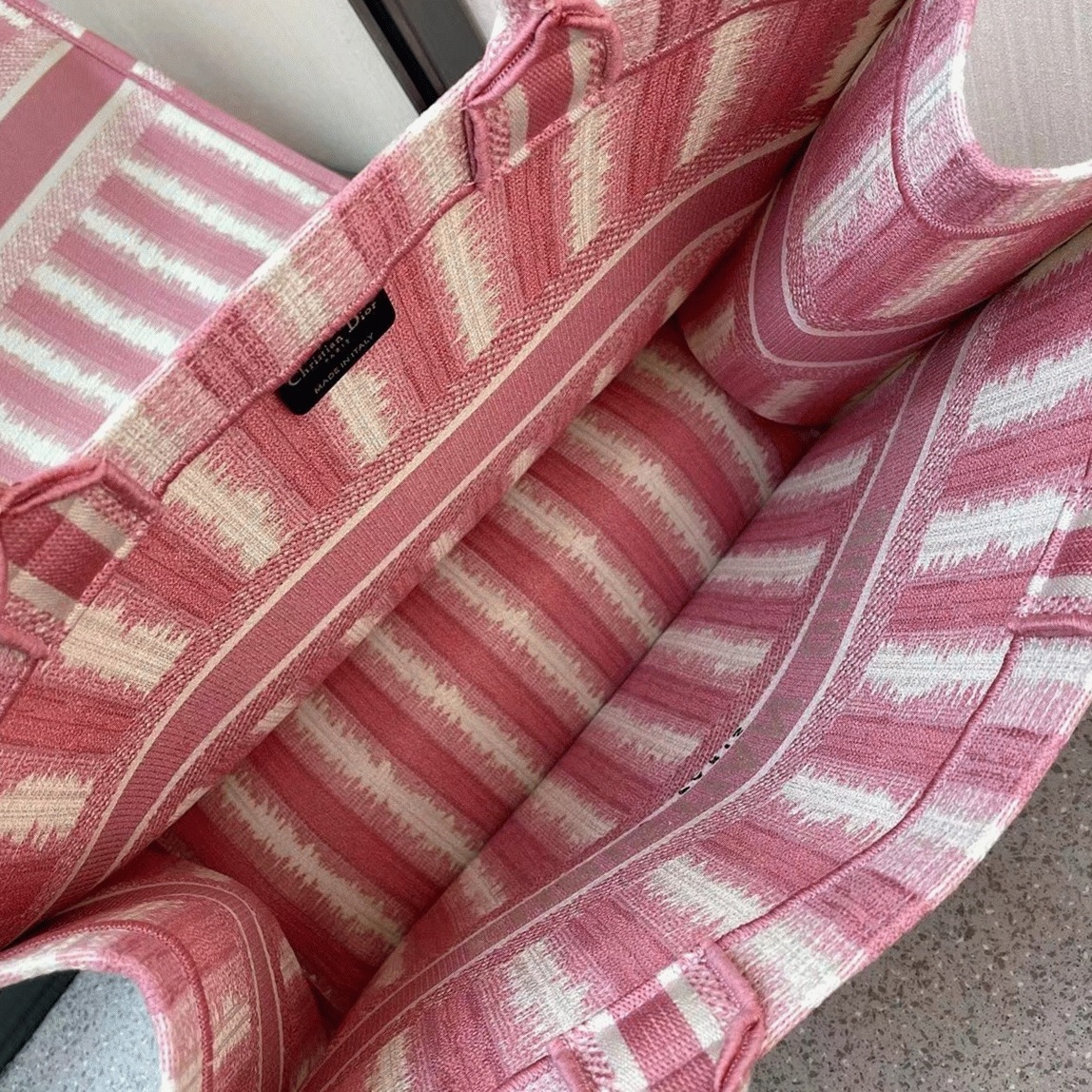 D10r Large Book Tote Bag Replica in Pink Stripes Embroidery
